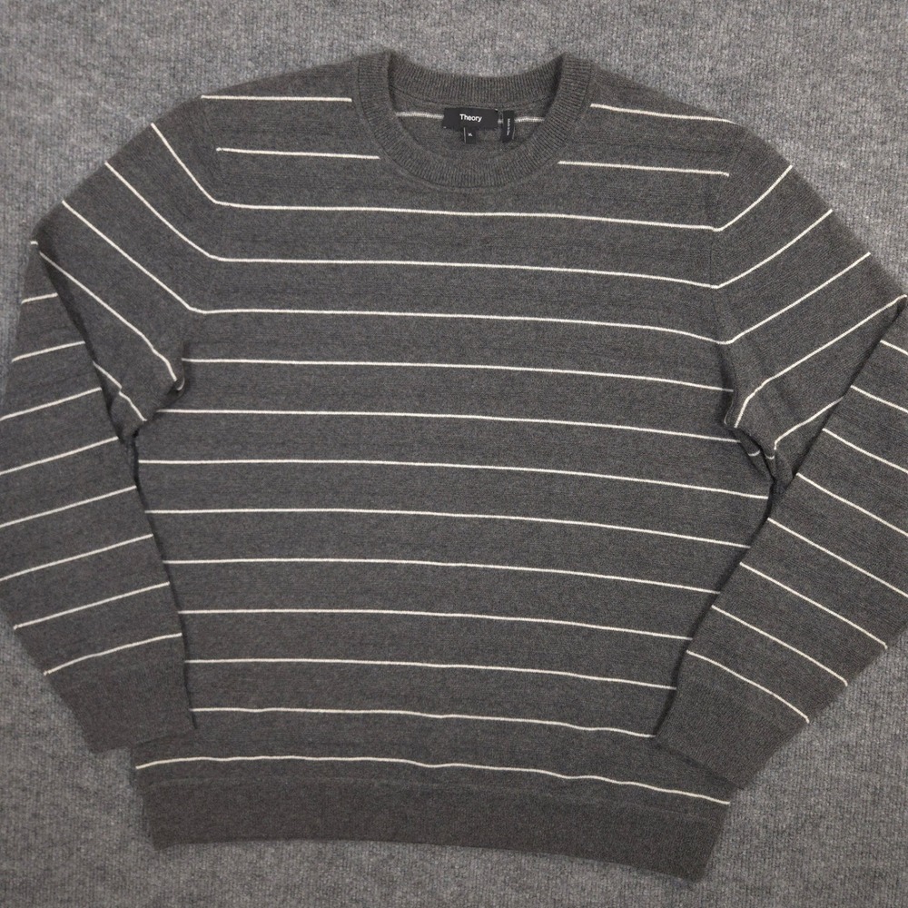 Theory Cashmere Sweater Mens XL Charcoal Gray Haider Striped Crewneck Pullover